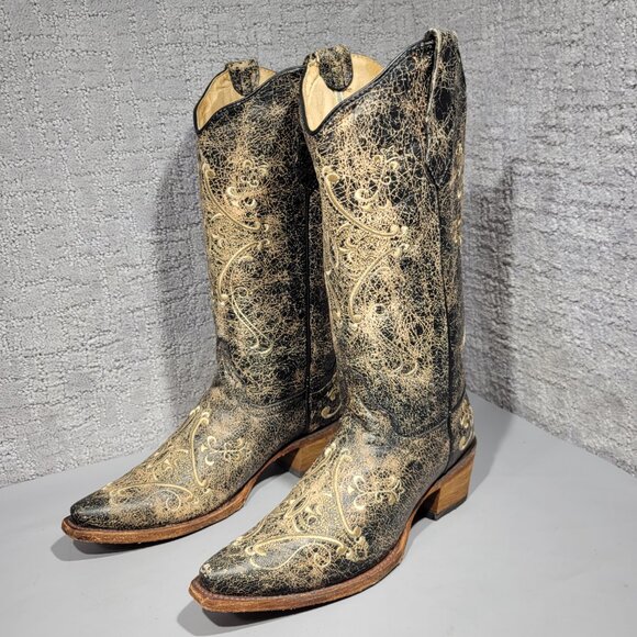 Corral Circle G Women's Size 7W US Black Crackle/Bone Embroidery Boots L5048 - Picture 6 of 11